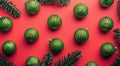 Green Christmas decorations evenly spreaded on red background. Royalty Free Stock Photo